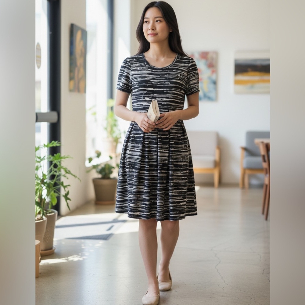 NEW• Classic Black Space Dye Unique Pleated Amelia Dress• 2X